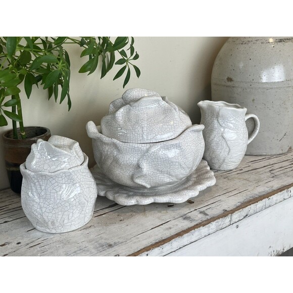 Vintage Set Of White Crackled Crazed Cabbage Leaf: Tureen, Creamer & Sugar Bowl - Picture 1 of 10